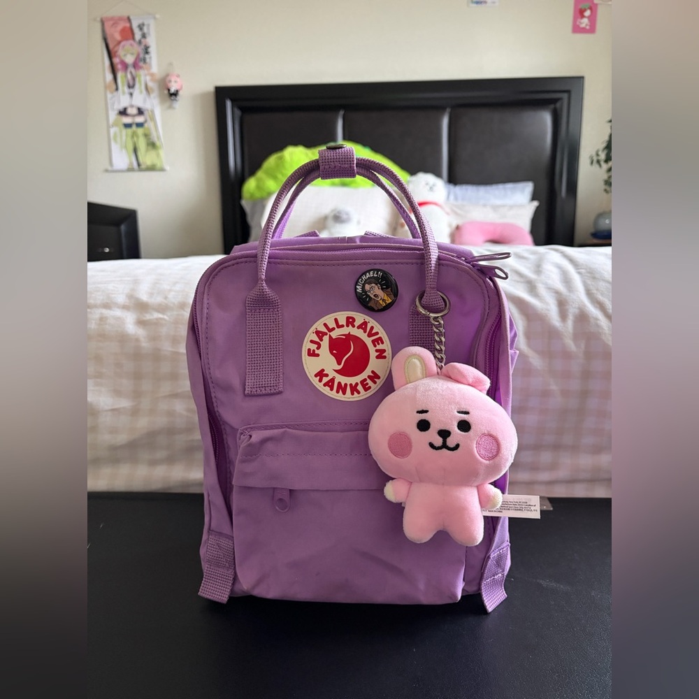 Purple Fjallraven Kanken Mini Backpack with BT21 Cooky Plush Charm